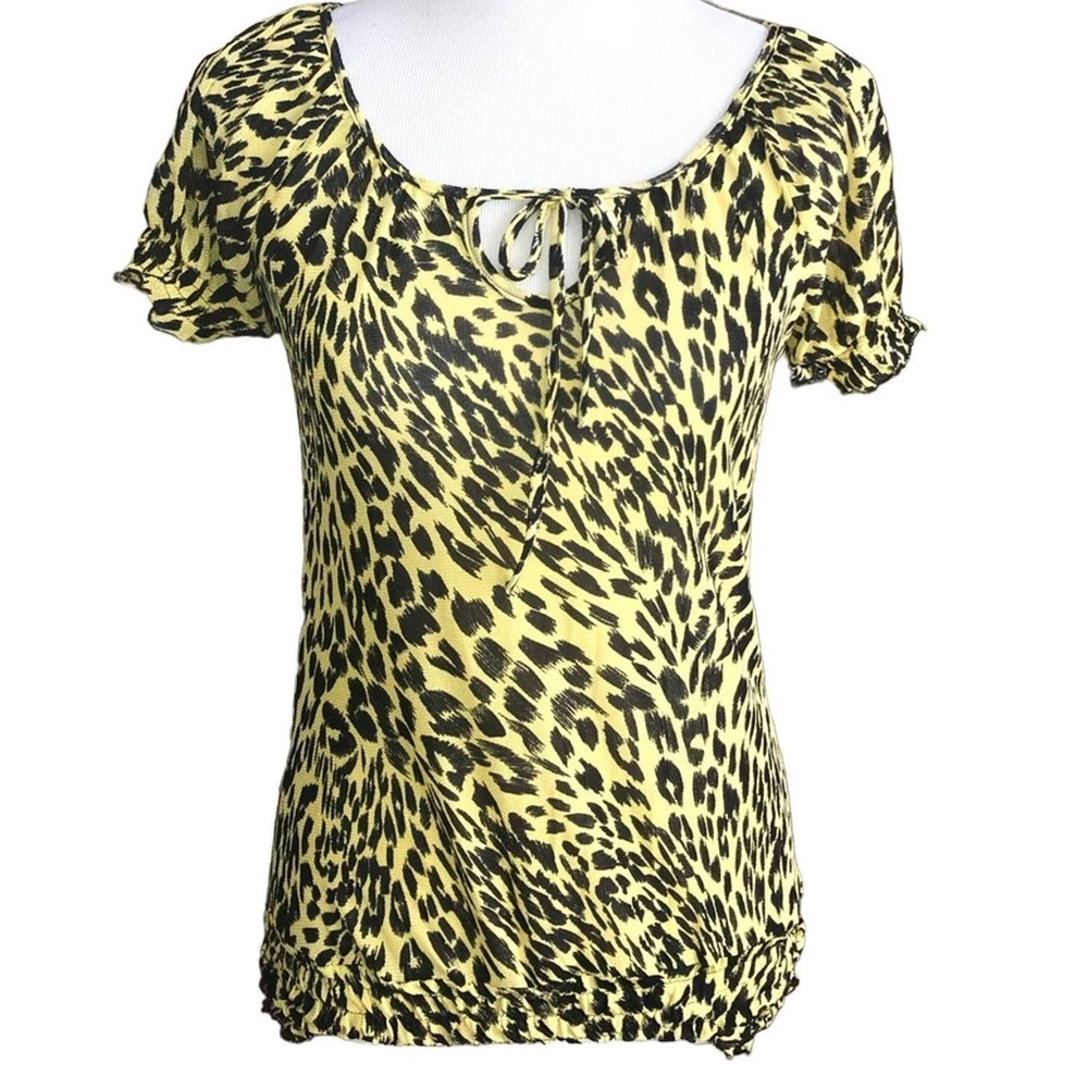 NEW FASHION YELLOW BLACK LEOPARD PRINT ELASTIC WAIST BLOUSE